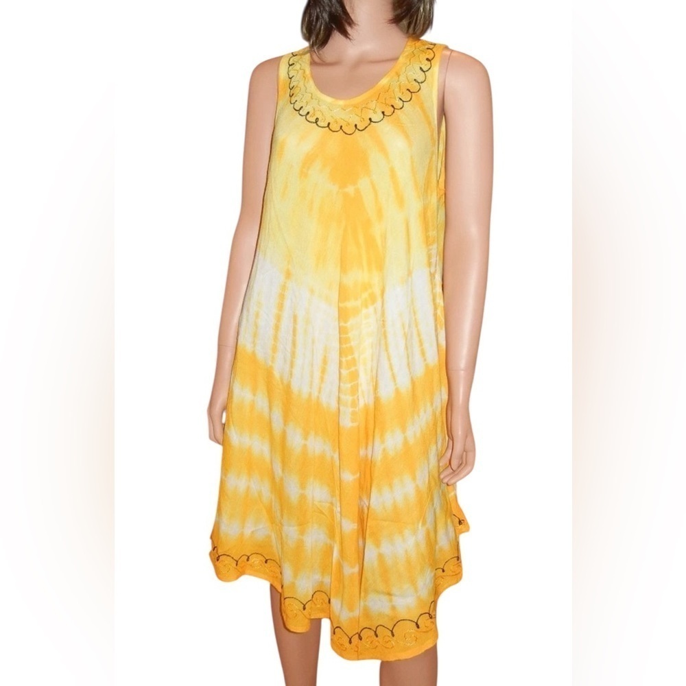 Advance Apparels Women's Free Size Cover Up Tunic Yellow Tie Dye Embroidered
